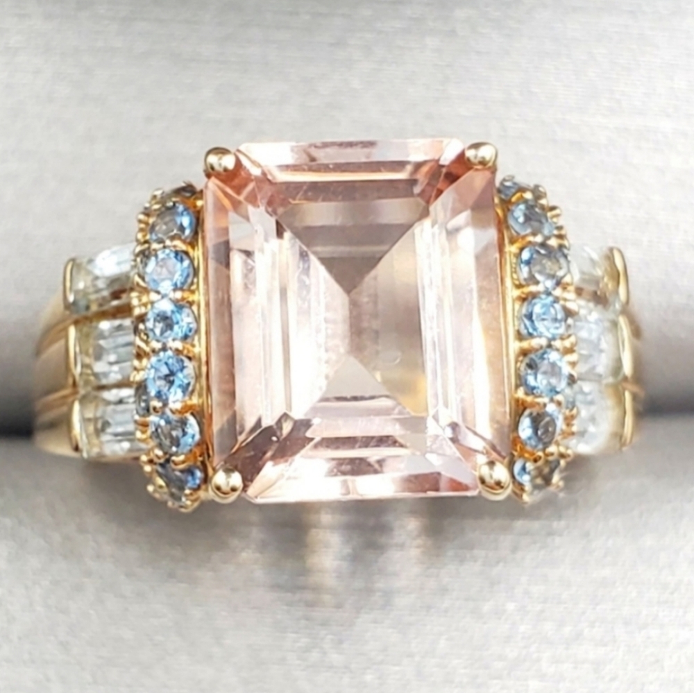 10k Solid Yellow Gold Huge Emerald Cut Morganite Aquamarine & Topaz Ring